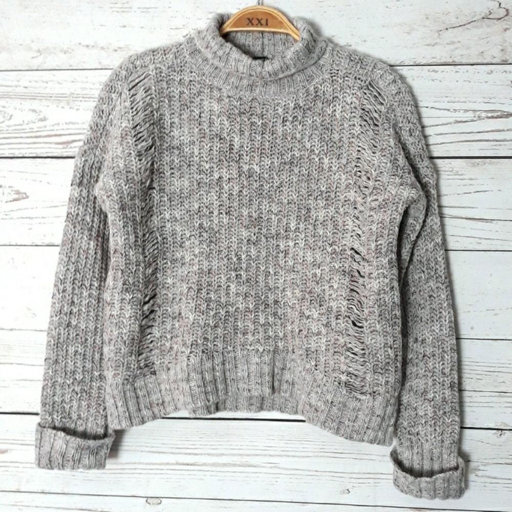 Express Tan Distress Crop Turtleneck Sweater